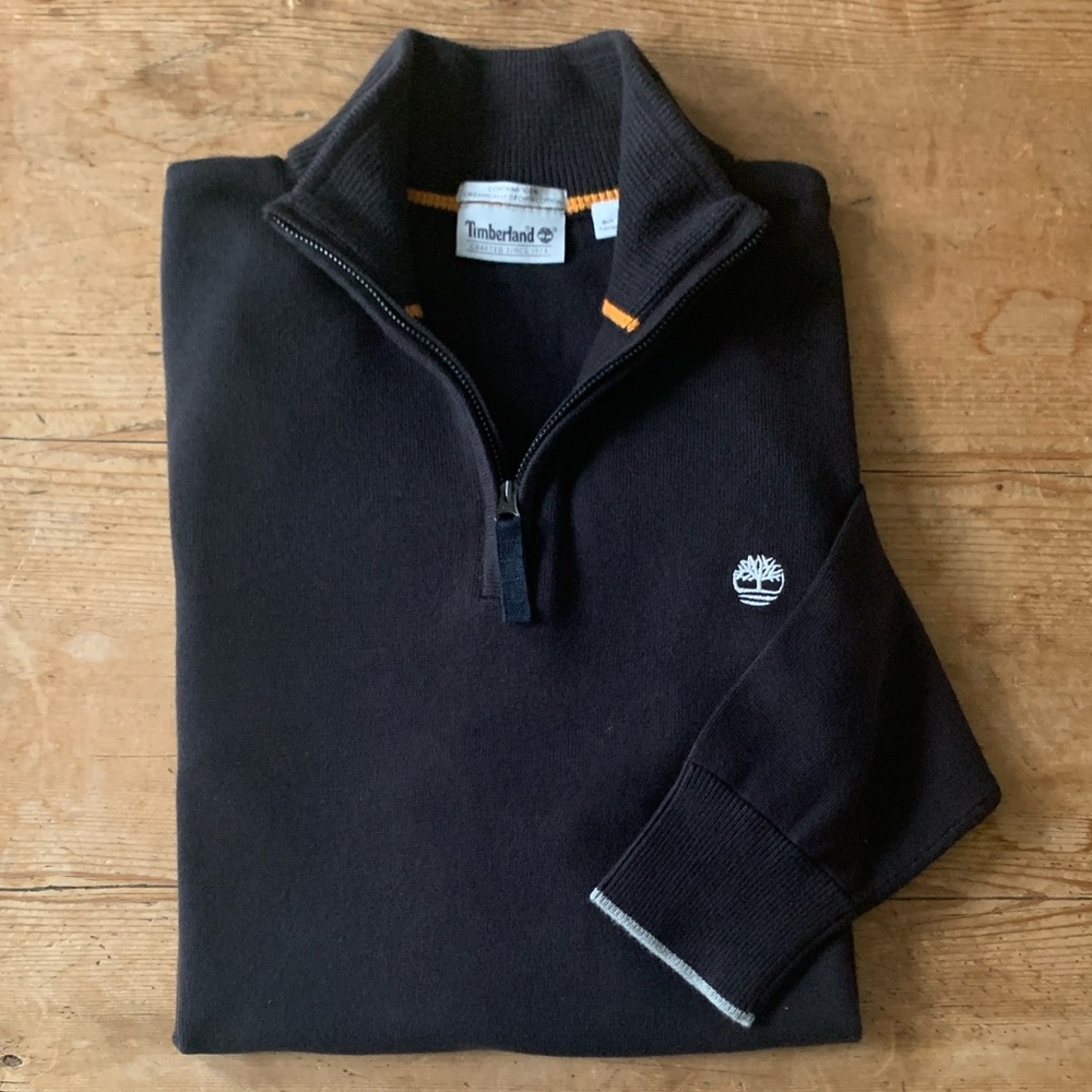 NWOT Timberland Men's Black Organic Cotton Pullover 1/4 Zip Mid Weight Sweater
